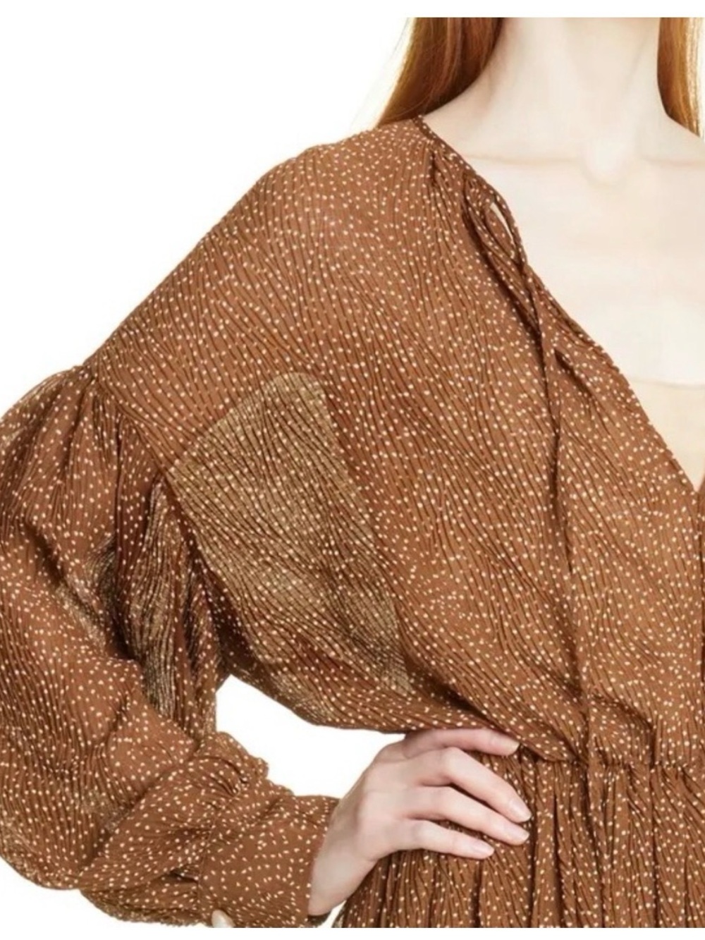 VINCE - Starry Dot Brown Polka Dot Long Sleeve V-Neck Dress